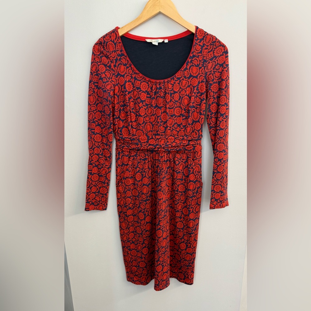 Boden Long Sleeve Mabel Jersey Dress Floral Red Navy Sz 2 Classiccore Preppy